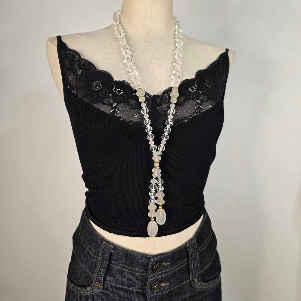 Vintage Clear Frosted Lucite Bead Lariat Necklace Old Hollywood Statement